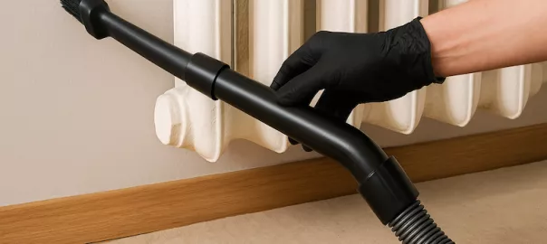 person dammsuger bakom ett gammalt element med borste